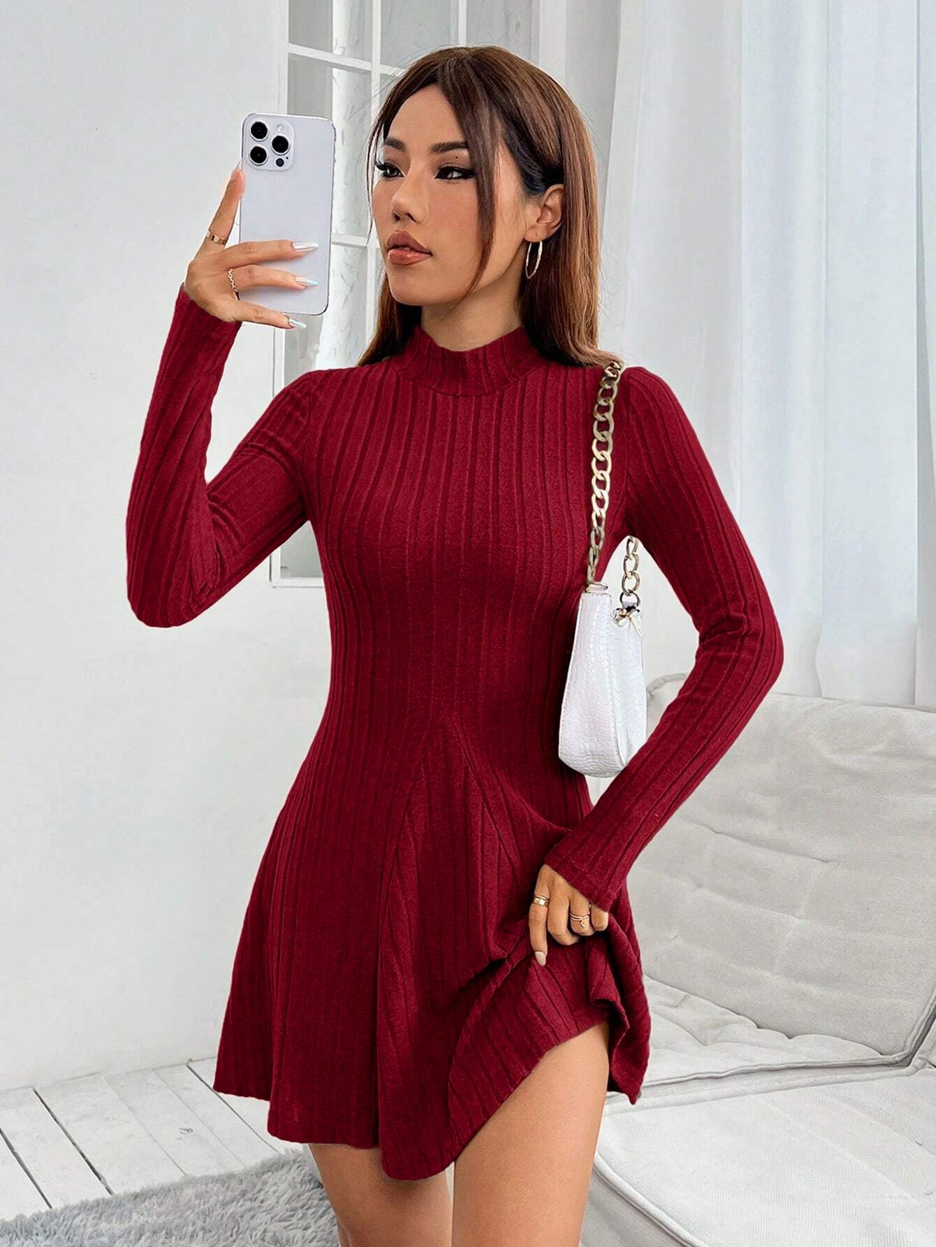 Ribbed A-Line Mini Dress with Mock Neck and Long Sleeves
