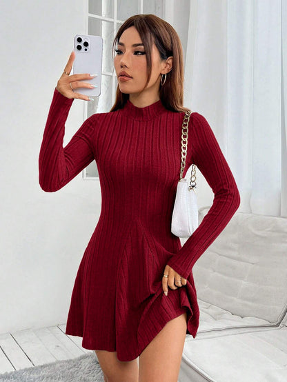 Ribbed A-Line Mini Dress with Mock Neck and Long Sleeves