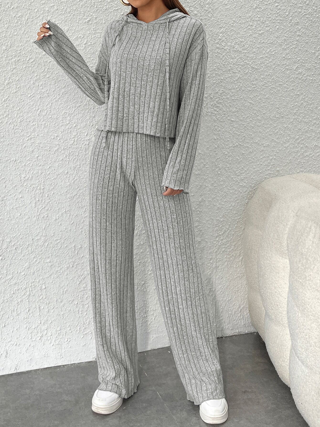 Rib-Knit Hooded Sweatshirt and Wide-Leg Pants Set