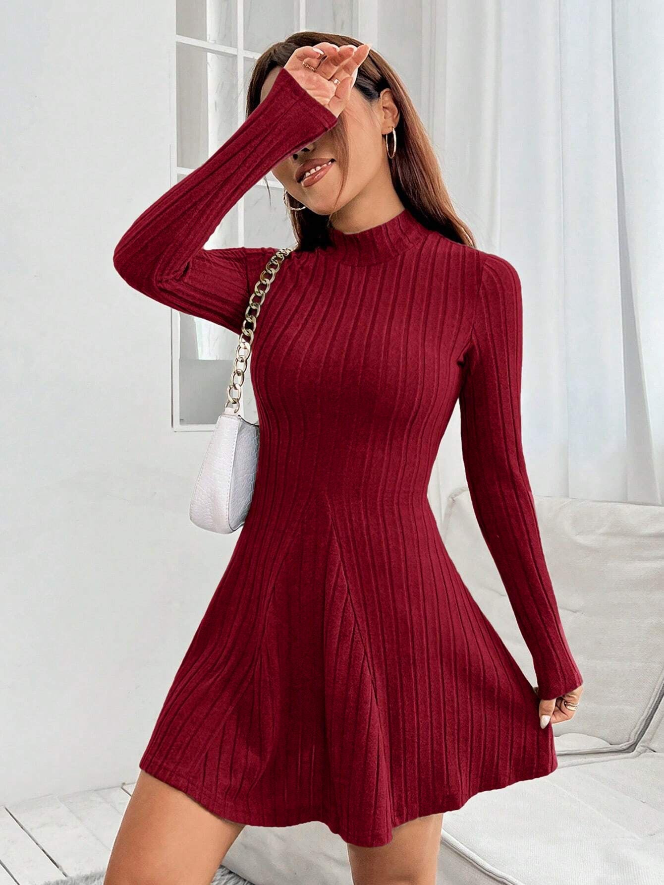 Ribbed A-Line Mini Dress with Mock Neck and Long Sleeves