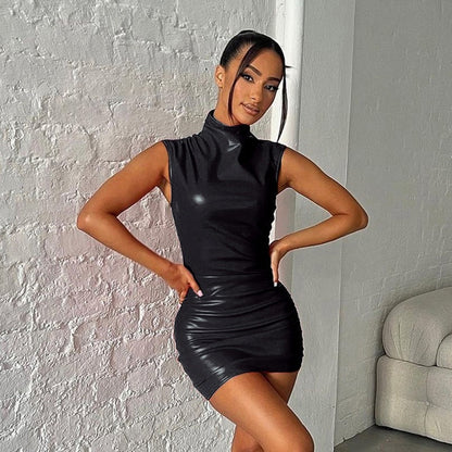 Ruched Bodycon Mini Dress in PU Leather with Stand Collar