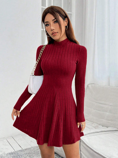 Ribbed A-Line Mini Dress with Mock Neck and Long Sleeves