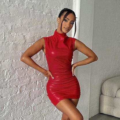 Ruched Bodycon Mini Dress in PU Leather with Stand Collar