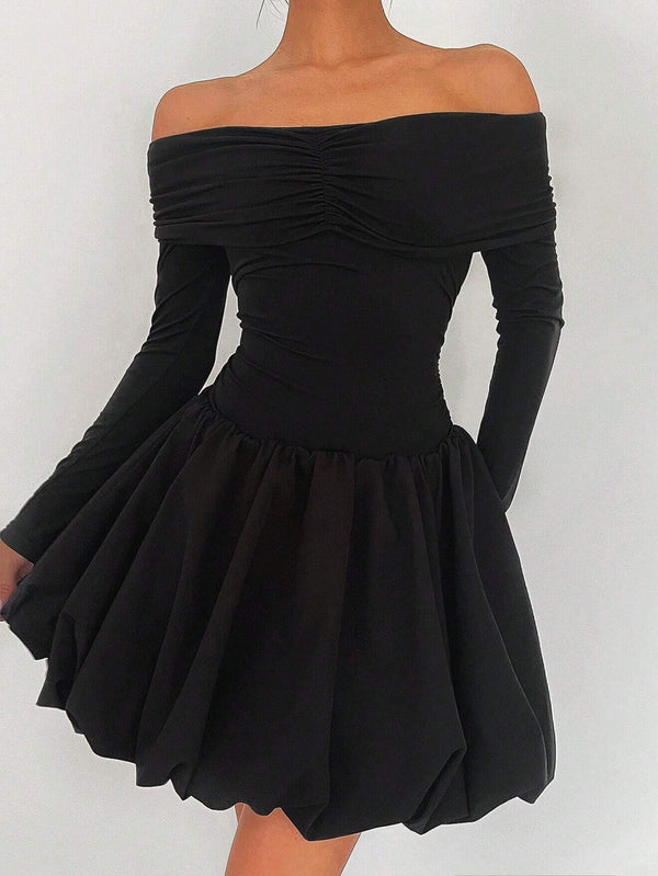 Off-Shoulder Long Sleeve Bubble Mini Dress with Ruched Bodice