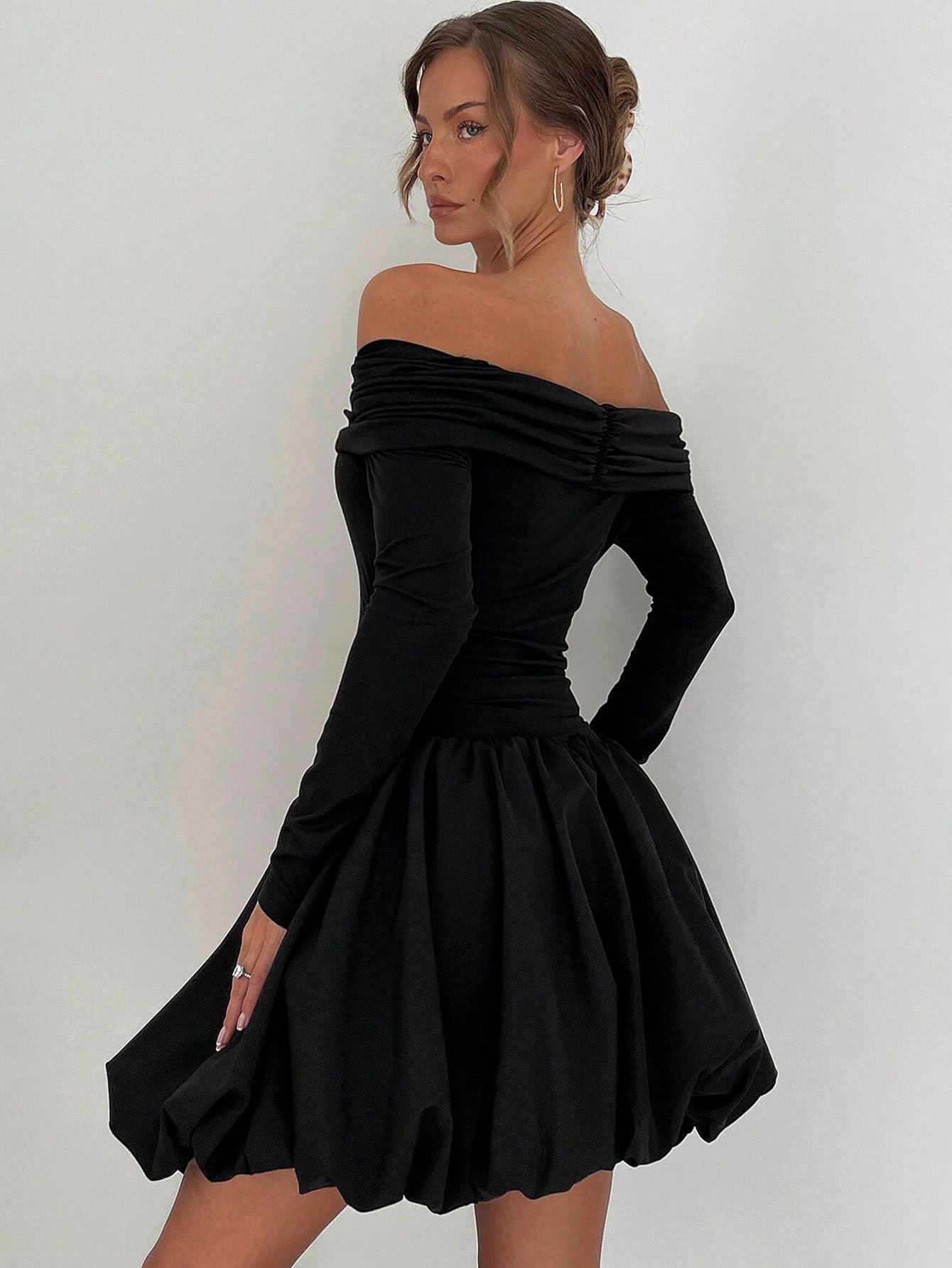 Off-Shoulder Long Sleeve Bubble Mini Dress with Ruched Bodice