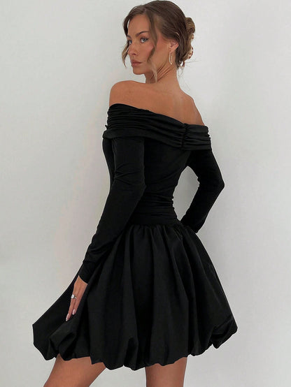Off-Shoulder Long Sleeve Bubble Mini Dress with Ruched Bodice
