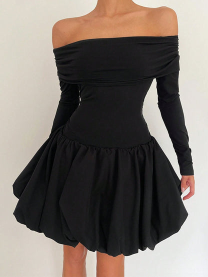 Off-Shoulder Long Sleeve Bubble Mini Dress with Ruched Bodice