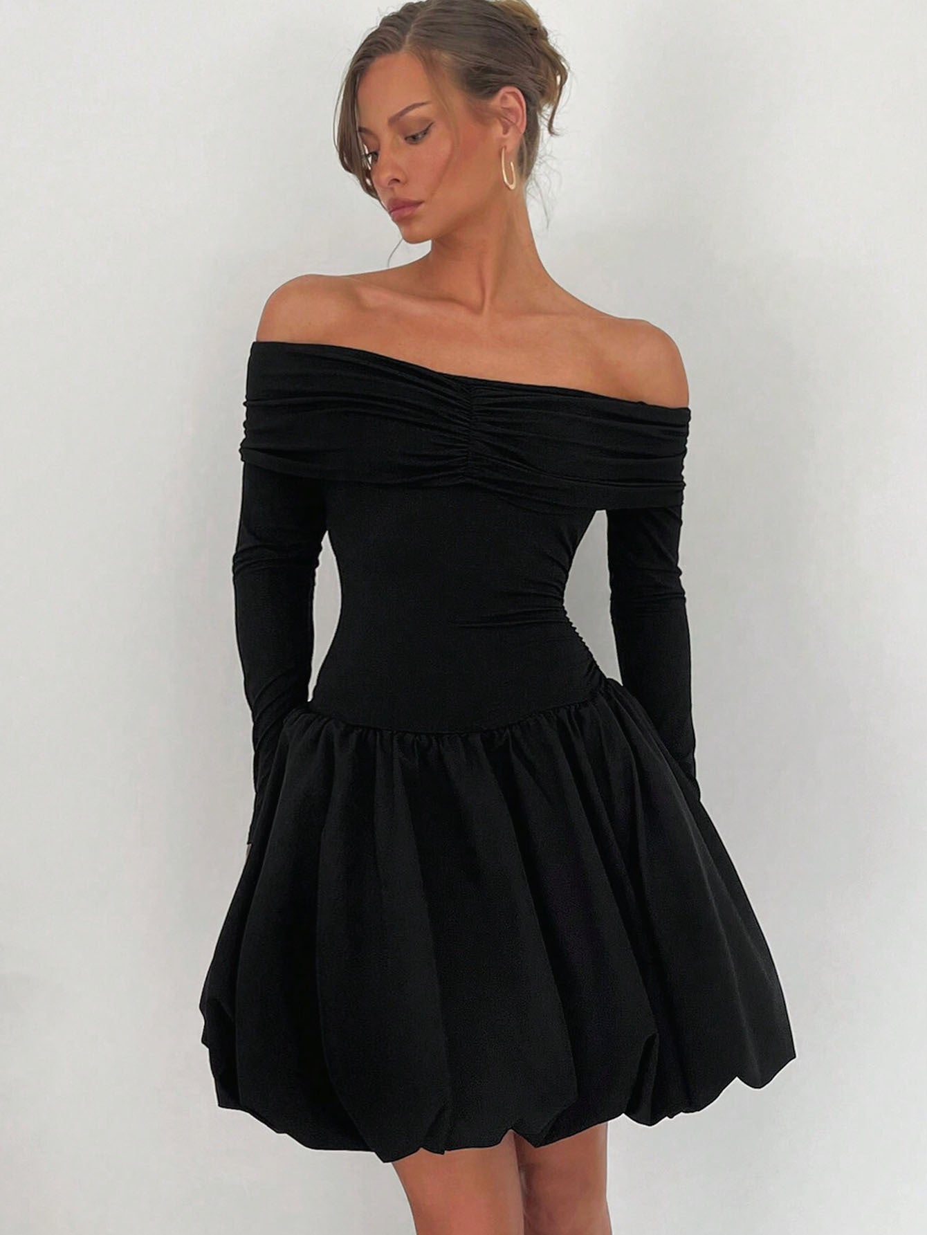 Off-Shoulder Long Sleeve Bubble Mini Dress with Ruched Bodice