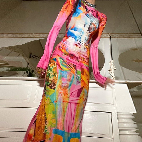 Artistic Portrait Print Bodycon Midi Dress with Mock Neck