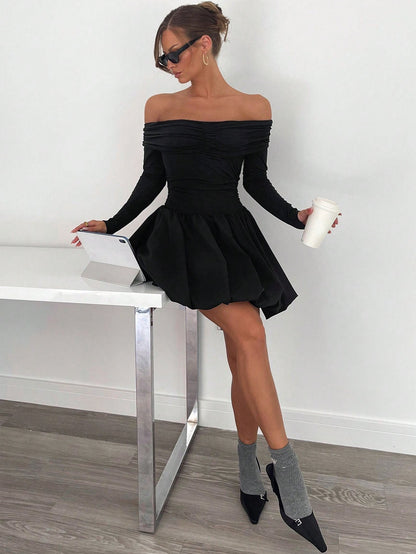 Off-Shoulder Long Sleeve Bubble Mini Dress with Ruched Bodice