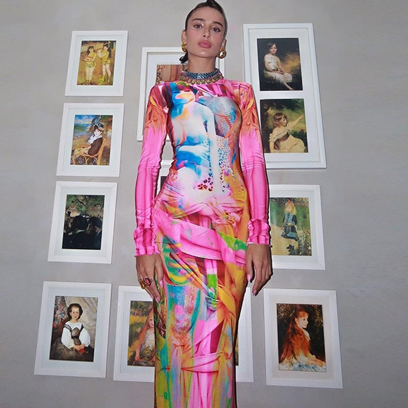 Artistic Portrait Print Bodycon Midi Dress with Mock Neck