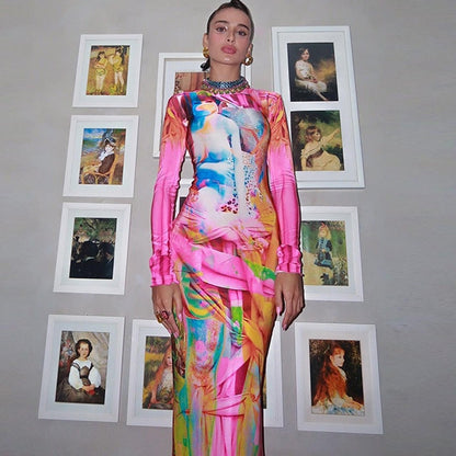 Artistic Portrait Print Bodycon Midi Dress with Mock Neck