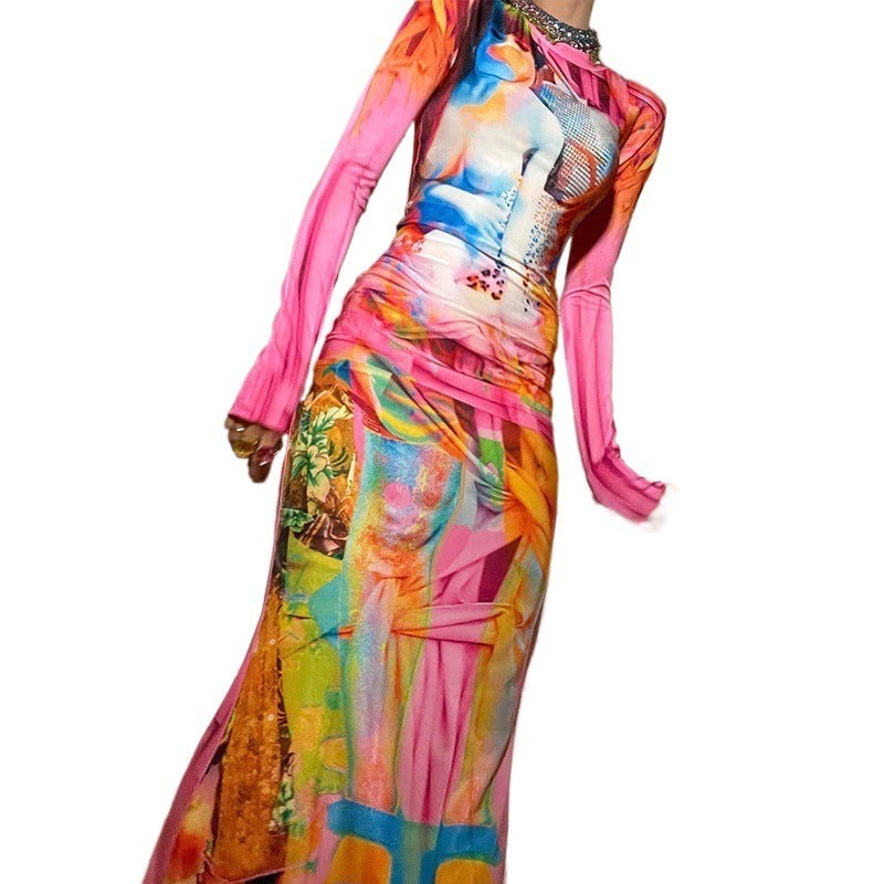 Artistic Portrait Print Bodycon Midi Dress with Mock Neck