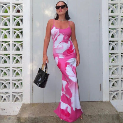 Floral Print Bodycon Maxi Dress with Backless Detail