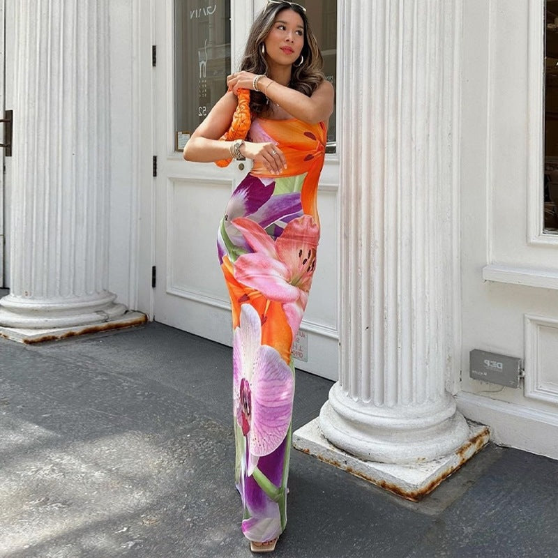 Floral Print Bodycon Maxi Dress with Backless Detail