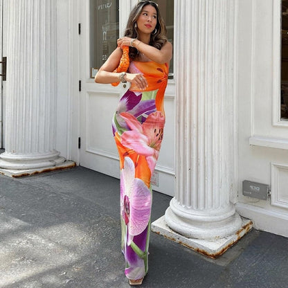 Floral Print Bodycon Maxi Dress with Backless Detail