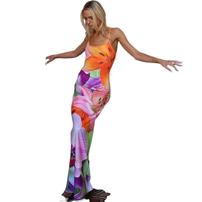 Floral Print Bodycon Maxi Dress with Backless Detail