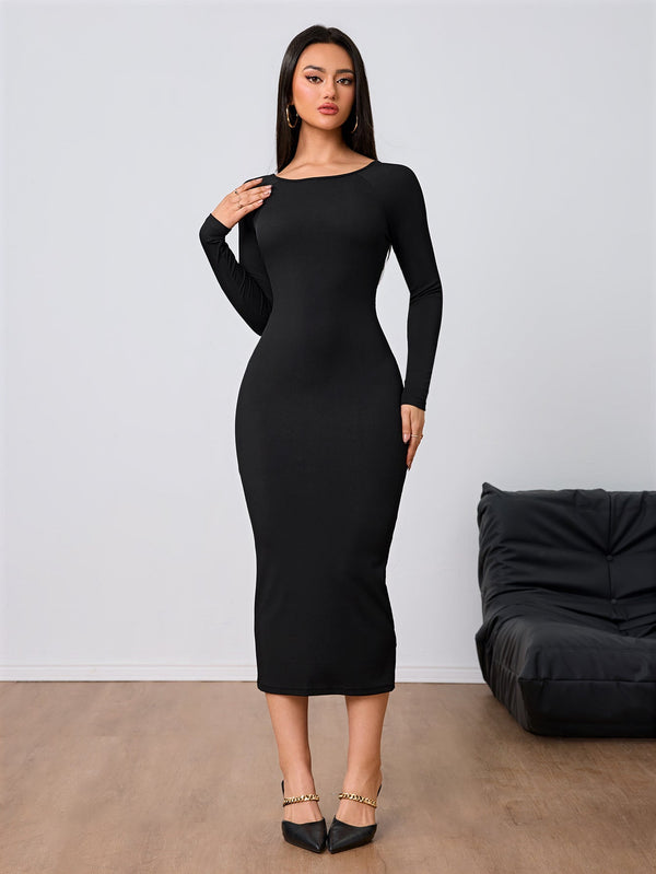 Long Sleeve Knitted Bodycon Midi Dress with Backless Detail