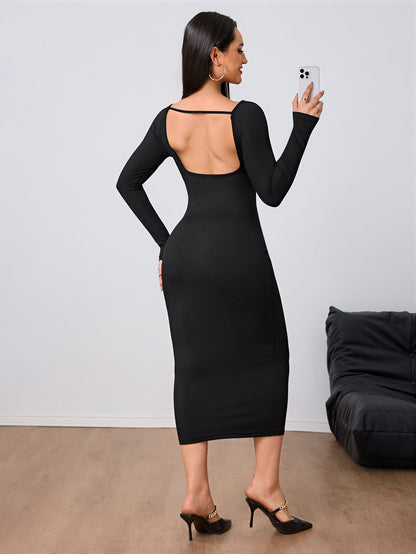 Long Sleeve Knitted Bodycon Midi Dress with Backless Detail