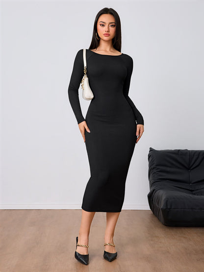 Long Sleeve Knitted Bodycon Midi Dress with Backless Detail
