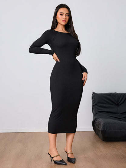 Long Sleeve Knitted Bodycon Midi Dress with Backless Detail