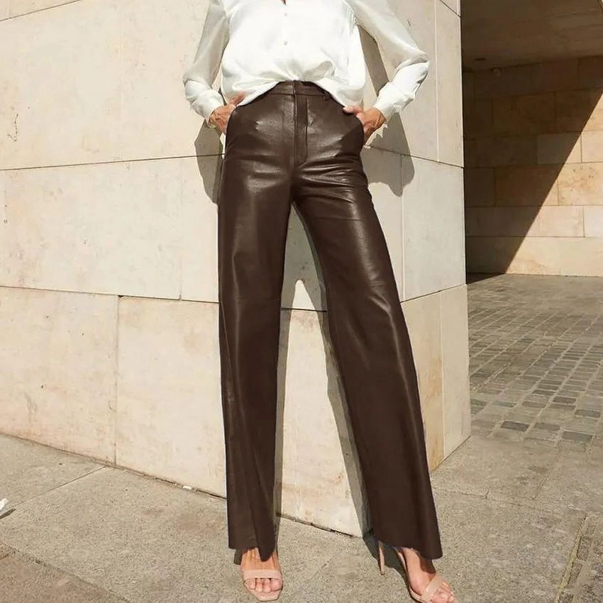 High-Waist Straight-Leg Trousers in PU Leather