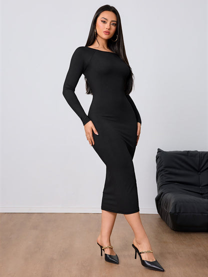 Long Sleeve Knitted Bodycon Midi Dress with Backless Detail