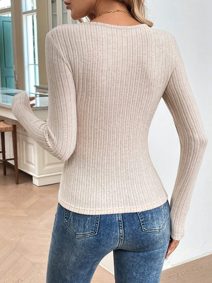 Slim Fit Ribbed Knit Top with Ruched Sweetheart Neckline