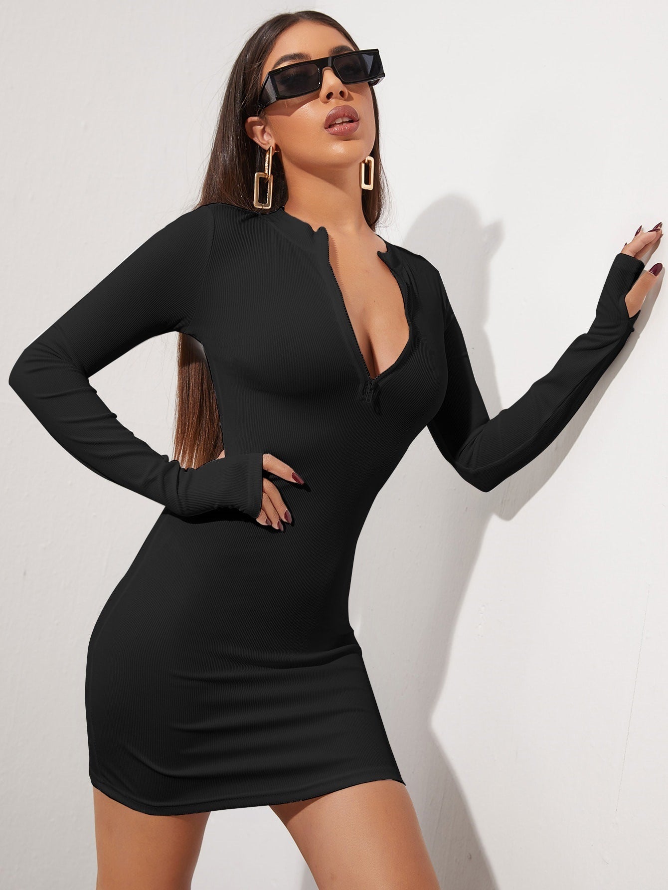 Ribbed Bodycon Mini Dress with Quarter-Zip and Thumbholes