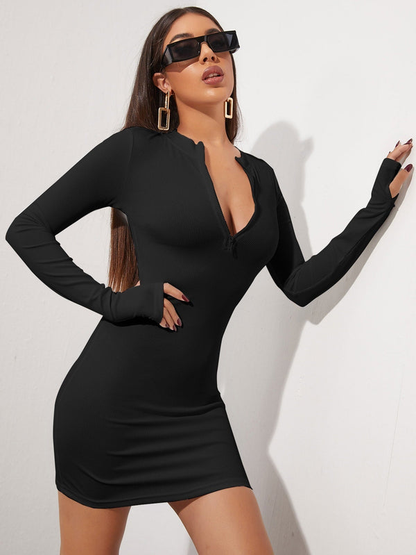 Ribbed Bodycon Mini Dress with Quarter-Zip and Thumbholes