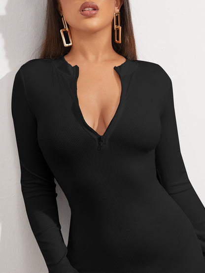 Ribbed Bodycon Mini Dress with Quarter-Zip and Thumbholes