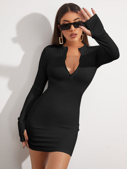 Ribbed Bodycon Mini Dress with Quarter-Zip and Thumbholes