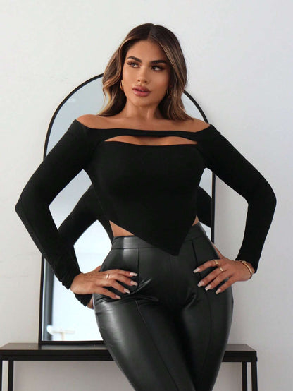 Slim Fit Long Sleeve Crop Top with Cutout and Pointed Hem