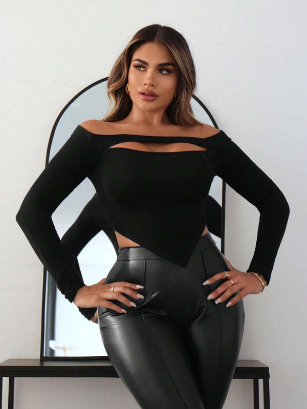 Slim Fit Long Sleeve Crop Top with Cutout and Pointed Hem