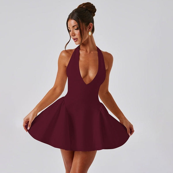 Backless Halter Mini Skater Dress with Deep V-Neck