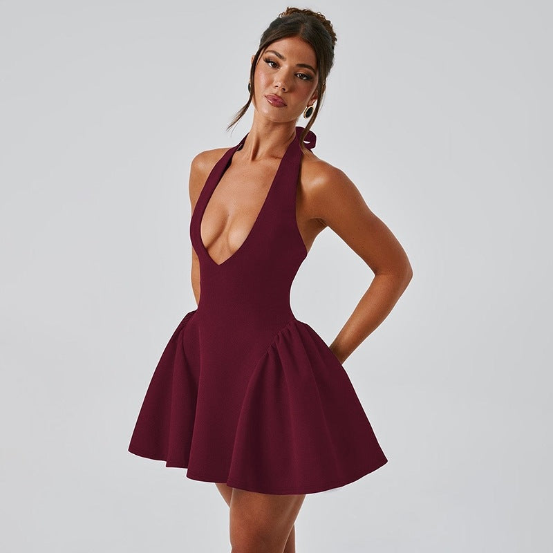 Backless Halter Mini Skater Dress with Deep V-Neck