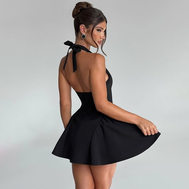 Backless Halter Mini Skater Dress with Deep V-Neck
