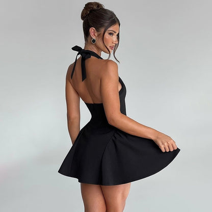 Backless Halter Mini Skater Dress with Deep V-Neck