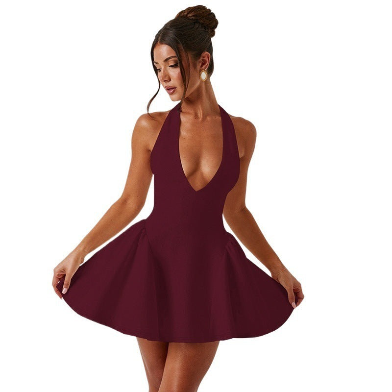 Backless Halter Mini Skater Dress with Deep V-Neck