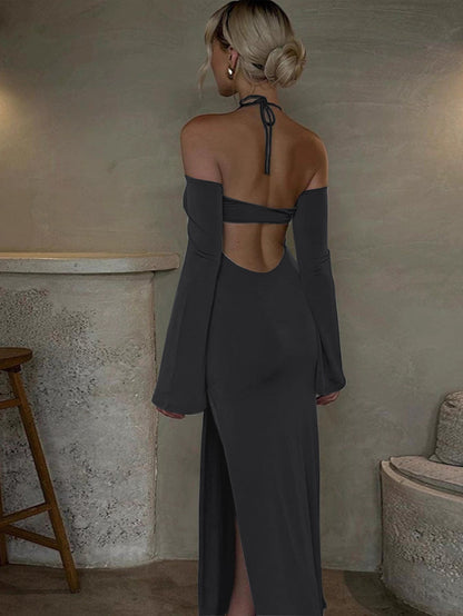 Bodycon Halter Maxi Dress with Flared Sleeves and Slit
