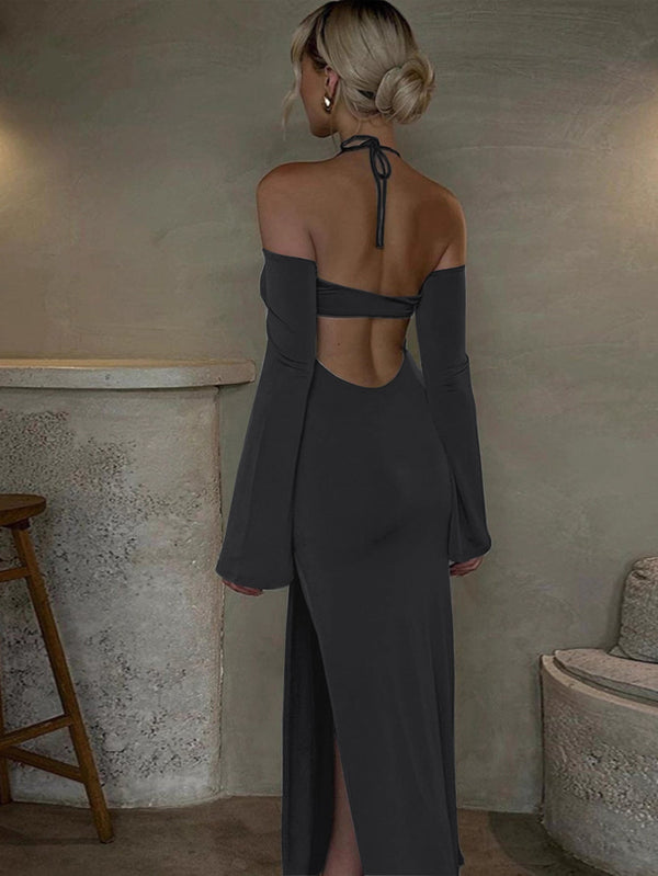 Bodycon Halter Maxi Dress with Flared Sleeves and Slit