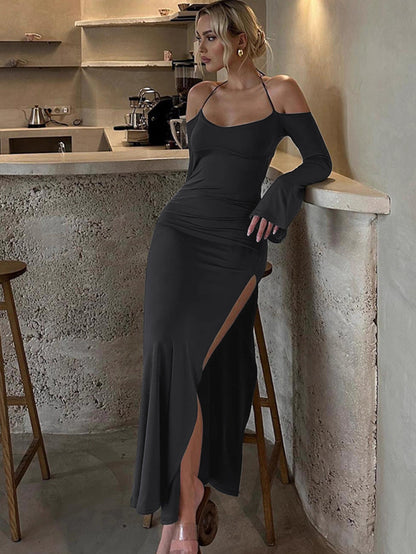 Bodycon Halter Maxi Dress with Flared Sleeves and Slit