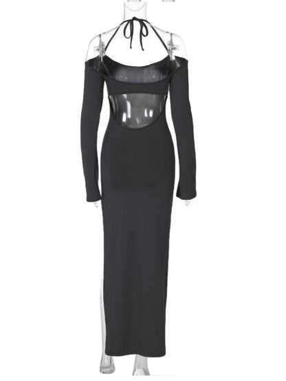 Bodycon Halter Maxi Dress with Flared Sleeves and Slit