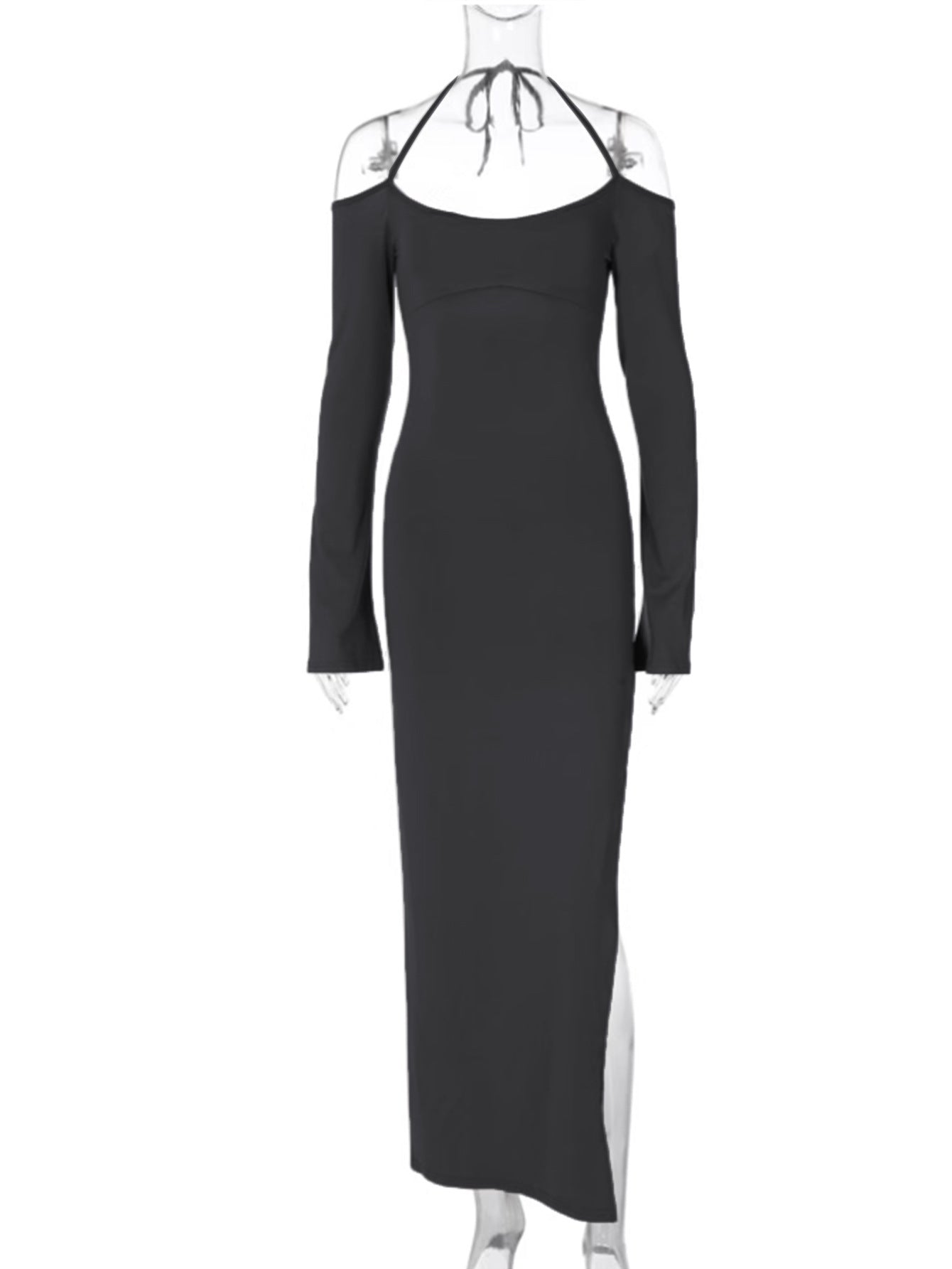 Bodycon Halter Maxi Dress with Flared Sleeves and Slit