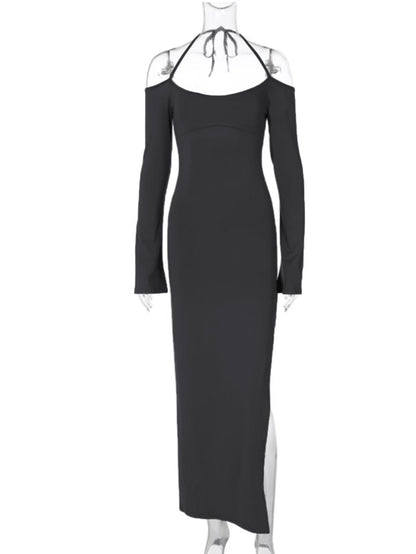 Bodycon Halter Maxi Dress with Flared Sleeves and Slit