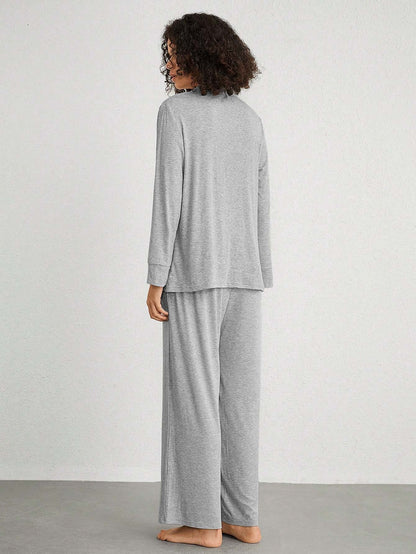 Solid Ribbed Loungewear Set with Button Front and Wide-Leg Pants