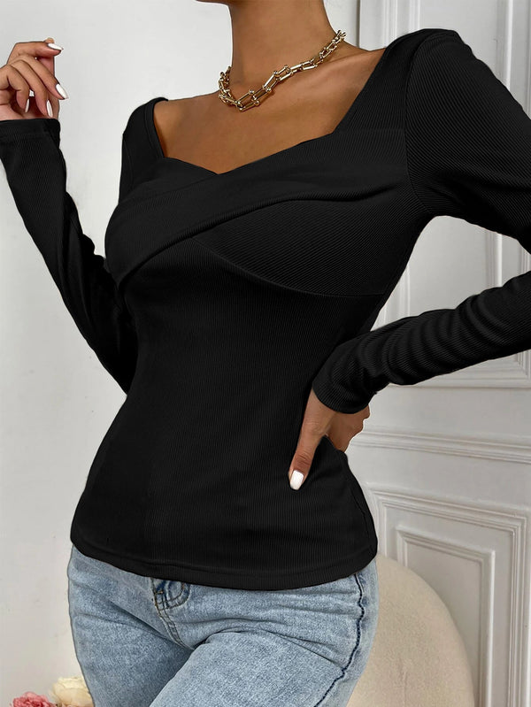 Slim Fit Ribbed Knit Top with Square Neck and Criss-Cross Detail