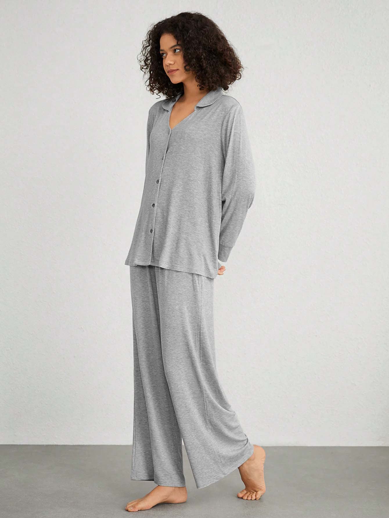 Solid Ribbed Loungewear Set with Button Front and Wide-Leg Pants