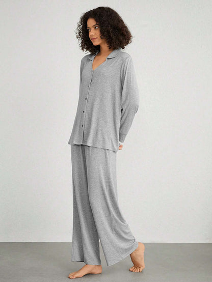 Solid Ribbed Loungewear Set with Button Front and Wide-Leg Pants