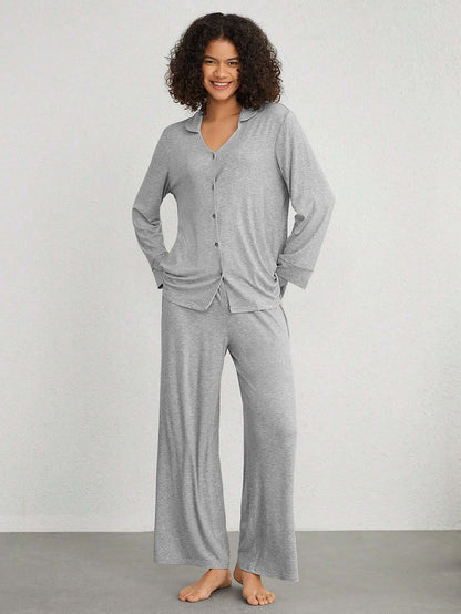 Solid Ribbed Loungewear Set with Button Front and Wide-Leg Pants